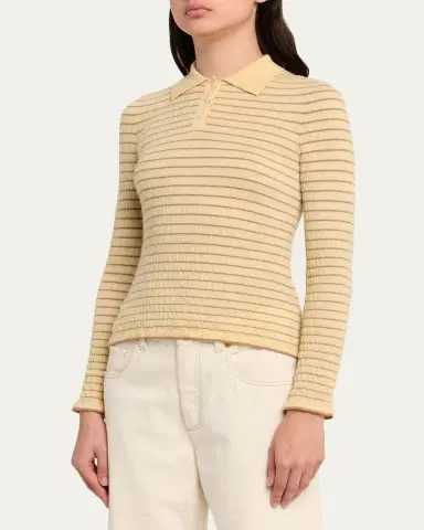 Guest In Residence Smocked Striped Long-Sleeve Polo | Thumbnail 4