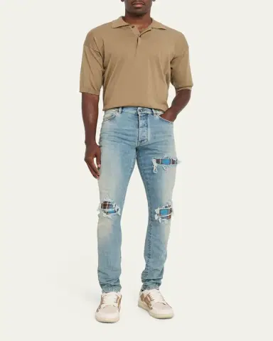 Amiri Men's Plaid Repair Denim Skinny Jeans | Thumbnail 2