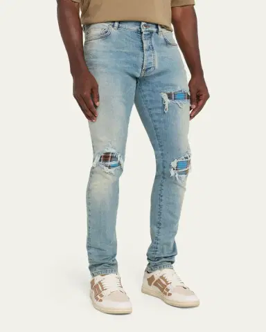 Amiri Men's Plaid Repair Denim Skinny Jeans | Thumbnail 4