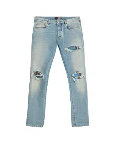 Amiri Men's Plaid Repair Denim Skinny Jeans | Thumbnail 1