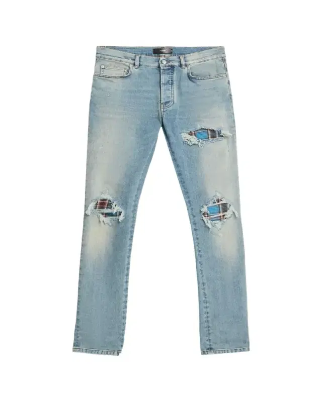 Amiri Men's Plaid Repair Denim Skinny Jeans