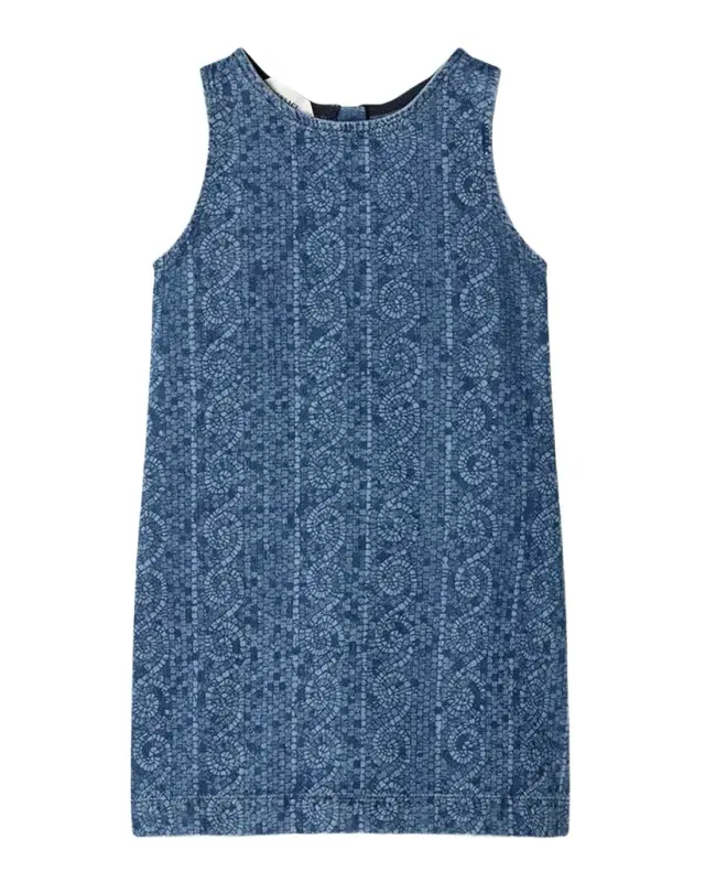 Girl's Lasered Greca Sleeveless Denim Dress, Size 4