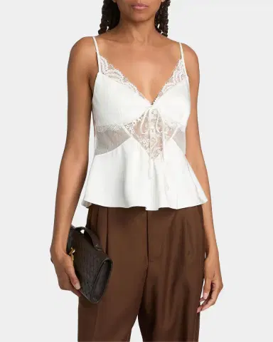 Self-Portrait Sheer Lace-Trim Satin Top | Thumbnail 4