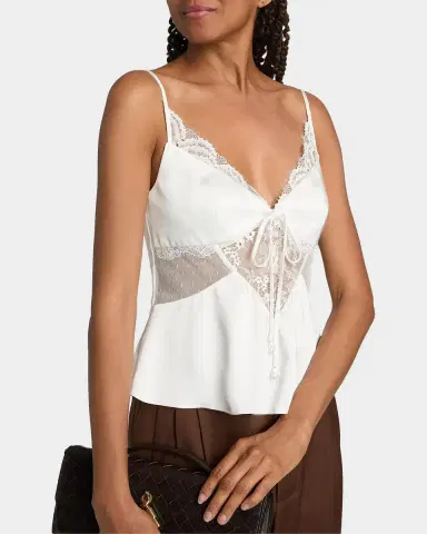 Self-Portrait Sheer Lace-Trim Satin Top | Thumbnail 5