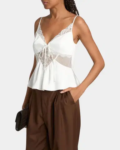 Self-Portrait Sheer Lace-Trim Satin Top | Thumbnail 7