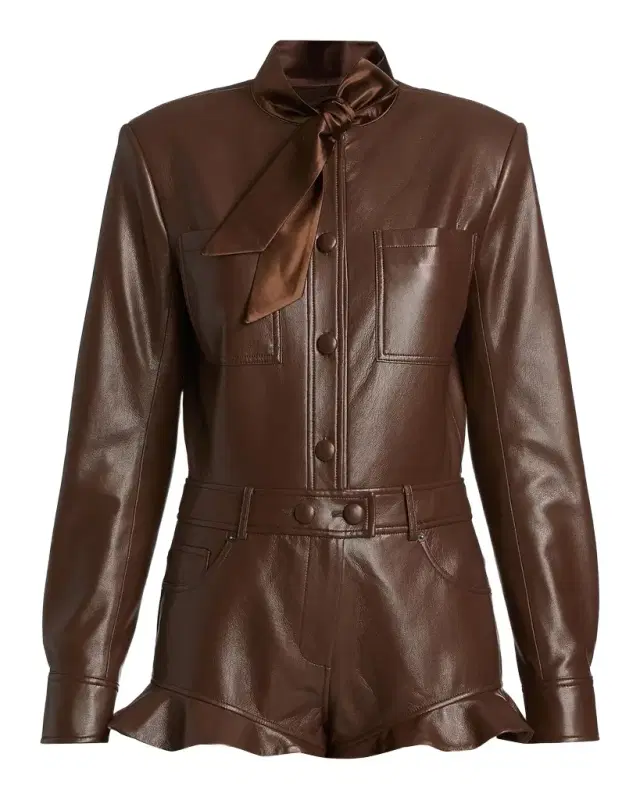 Self-Portrait Faux-Leather Ruffled-Hem Playsuit