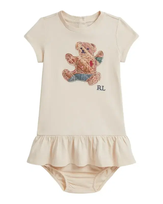 Ralph Lauren Girl 's Patchwork Teddy Bear Dress & Bloomers Set, Size 3-24M