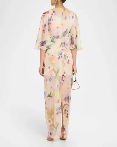 PRABAL GURUNG Flutter Sleeve Floral Silk Gathered Dress | Thumbnail 3 PRABAL GURUNG Flutter Sleeve Floral Silk Gathered Dress | Thumbnail 3
