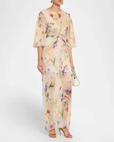 PRABAL GURUNG Flutter Sleeve Floral Silk Gathered Dress | Thumbnail 4 PRABAL GURUNG Flutter Sleeve Floral Silk Gathered Dress | Thumbnail 4
