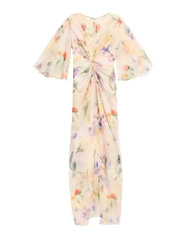 Prabal Gurung Flutter Sleeve Floral Silk Gathered Dress