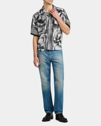 Versace Men's Silk Abstract La Greca-Trim Camp Shirt | Thumbnail 2 Versace Men's Silk Abstract La Greca-Trim Camp Shirt | Thumbnail 2
