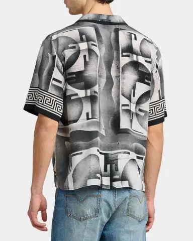 Versace Men's Silk Abstract La Greca-Trim Camp Shirt | Thumbnail 3 Versace Men's Silk Abstract La Greca-Trim Camp Shirt | Thumbnail 3
