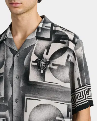 Versace Men's Silk Abstract La Greca-Trim Camp Shirt | Thumbnail 5 Versace Men's Silk Abstract La Greca-Trim Camp Shirt | Thumbnail 5