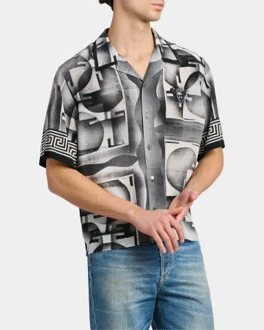 Versace Men's Silk Abstract La Greca-Trim Camp Shirt | Thumbnail 6 Versace Men's Silk Abstract La Greca-Trim Camp Shirt | Thumbnail 6