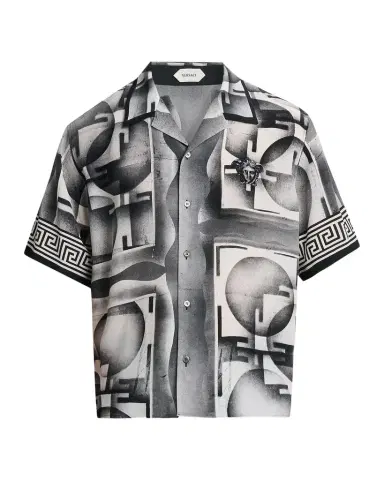 Versace Men's Silk Abstract La Greca-Trim Camp Shirt | Thumbnail 1 Versace Men's Silk Abstract La Greca-Trim Camp Shirt | Thumbnail 1