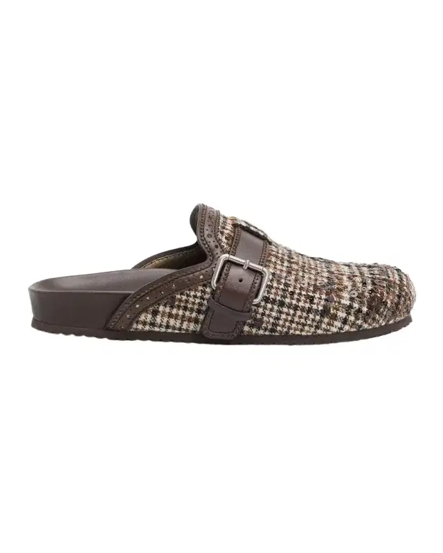 Brunello Cucinelli Plaid Sequined Wool and Leather Buckle Clogs