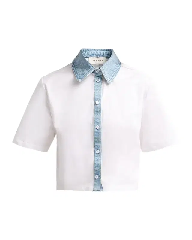 SEROYA Kelsie Stretch-Cotton Denim-Trim Top