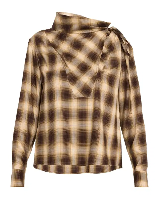 Co Plaid Mock-Neck Long-Sleeve Blouse