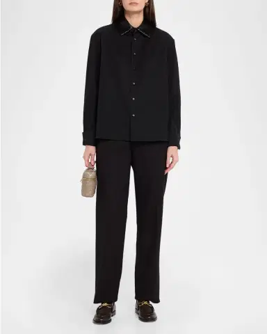 Bottega Veneta Intrecciato-Leather-Collar Wool Shirt | Thumbnail 2 Bottega Veneta Intrecciato-Leather-Collar Wool Shirt | Thumbnail 2