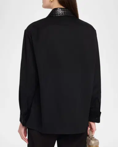 Bottega Veneta Intrecciato-Leather-Collar Wool Shirt | Thumbnail 3 Bottega Veneta Intrecciato-Leather-Collar Wool Shirt | Thumbnail 3