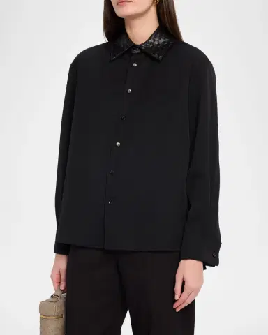 Bottega Veneta Intrecciato-Leather-Collar Wool Shirt | Thumbnail 4 Bottega Veneta Intrecciato-Leather-Collar Wool Shirt | Thumbnail 4
