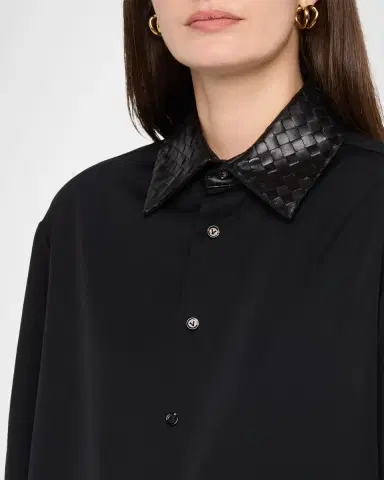 Bottega Veneta Intrecciato-Leather-Collar Wool Shirt | Thumbnail 5 Bottega Veneta Intrecciato-Leather-Collar Wool Shirt | Thumbnail 5