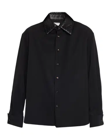 Bottega Veneta Intrecciato-Leather-Collar Wool Shirt | Thumbnail 1 Bottega Veneta Intrecciato-Leather-Collar Wool Shirt | Thumbnail 1