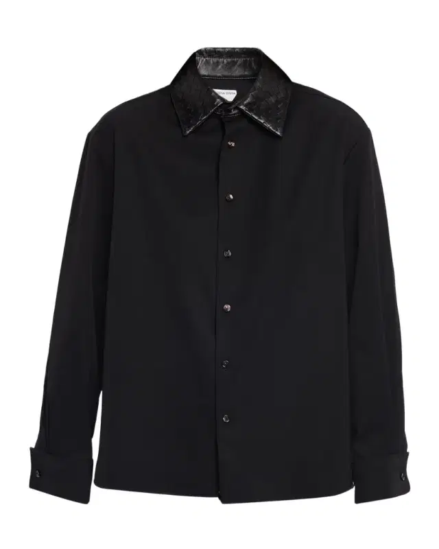 Bottega Veneta Intrecciato-Leather-Collar Wool Shirt