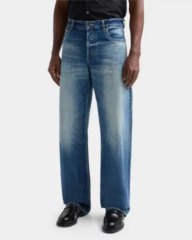 Alexander McQueen Men's Faded Denim Wide-Leg Jeans | Thumbnail 4 Alexander McQueen Men's Faded Denim Wide-Leg Jeans | Thumbnail 4