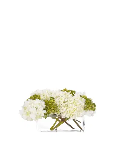 NDI Hydrangeas 8" Faux Floral Arrangement in Glass Vase | Thumbnail 1 NDI Hydrangeas 8" Faux Floral Arrangement in Glass Vase | Thumbnail 1