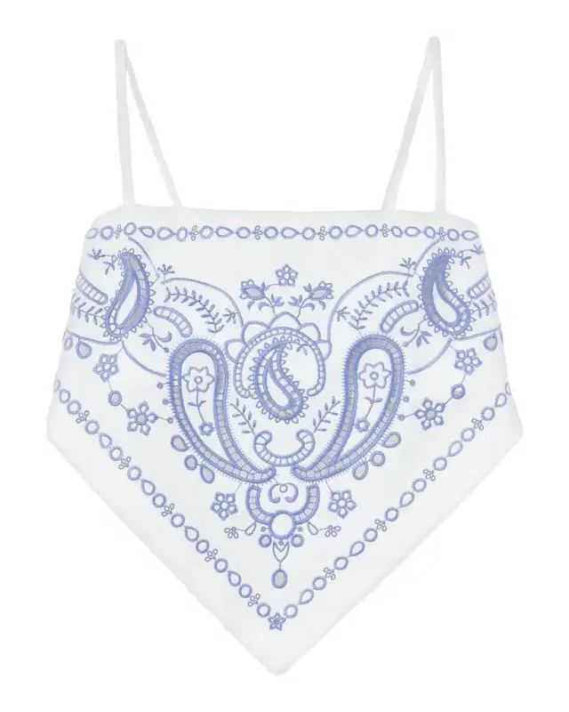 Self-Portrait Bandana Embroidered Linen-Cotton Crop Top