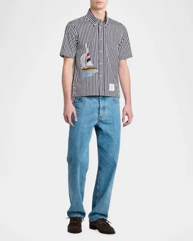 Thom Browne Men's Sailboat-Embroidered Wide Striped Poplin Shirt | Thumbnail 2 Thom Browne Men's Sailboat-Embroidered Wide Striped Poplin Shirt | Thumbnail 2