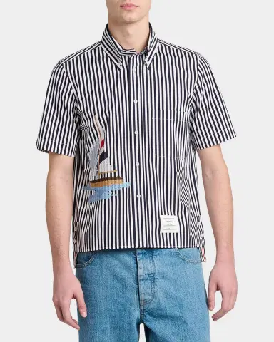 Thom Browne Men's Sailboat-Embroidered Wide Striped Poplin Shirt | Thumbnail 4 Thom Browne Men's Sailboat-Embroidered Wide Striped Poplin Shirt | Thumbnail 4