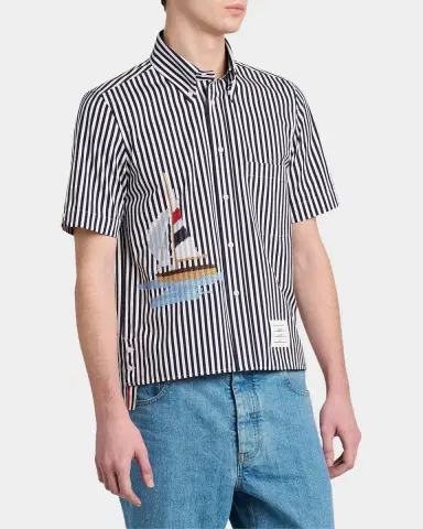 Thom Browne Men's Sailboat-Embroidered Wide Striped Poplin Shirt | Thumbnail 6 Thom Browne Men's Sailboat-Embroidered Wide Striped Poplin Shirt | Thumbnail 6