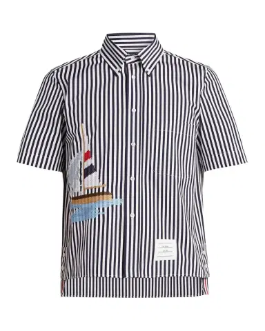 Thom Browne Men's Sailboat-Embroidered Wide Striped Poplin Shirt | Thumbnail 1 Thom Browne Men's Sailboat-Embroidered Wide Striped Poplin Shirt | Thumbnail 1