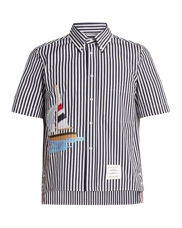 Thom Browne Men 's Sailboat-Embroidered Wide Striped Poplin Shirt