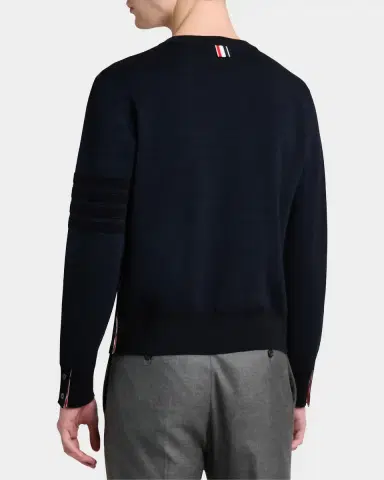 Thom Browne Men's Ottoman Stitch 4-Bar Stripe Wool-Linen-Cotton Crewneck Sweater | Thumbnail 3 Thom Browne Men's Ottoman Stitch 4-Bar Stripe Wool-Linen-Cotton Crewneck Sweater | Thumbnail 3