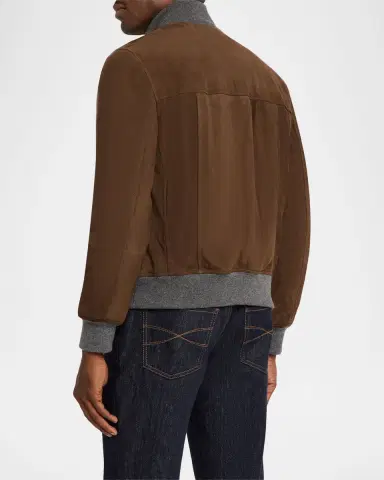 Brunello Cucinelli Men's Suede Knit-Trim Bomber Jacket | Thumbnail 3 Brunello Cucinelli Men's Suede Knit-Trim Bomber Jacket | Thumbnail 3