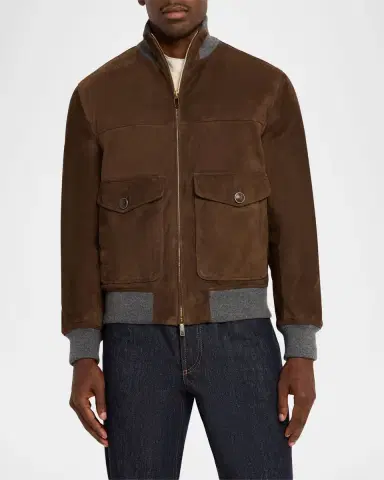 Brunello Cucinelli Men's Suede Knit-Trim Bomber Jacket | Thumbnail 4 Brunello Cucinelli Men's Suede Knit-Trim Bomber Jacket | Thumbnail 4