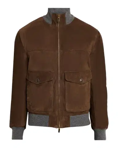 Brunello Cucinelli Men's Suede Knit-Trim Bomber Jacket | Thumbnail 1 Brunello Cucinelli Men's Suede Knit-Trim Bomber Jacket | Thumbnail 1