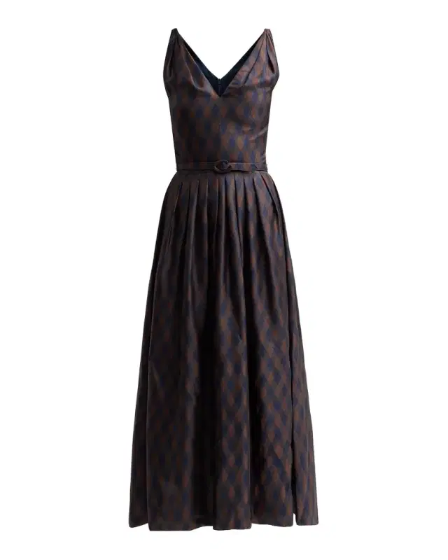 Oscar de la Renta Sleeveless Argyle Silk Belted Midi Dress