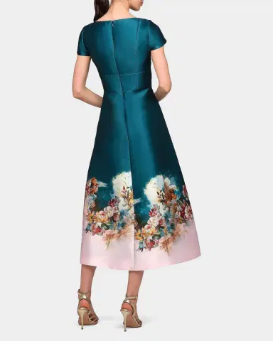Kay Unger New York Amaya Floral Satin Tea-Length Dress | Thumbnail 3 Kay Unger New York Amaya Floral Satin Tea-Length Dress | Thumbnail 3