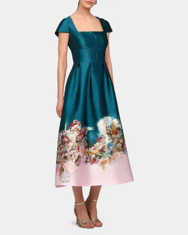 Kay Unger New York Amaya Floral Satin Tea-Length Dress | Thumbnail 4 Kay Unger New York Amaya Floral Satin Tea-Length Dress | Thumbnail 4