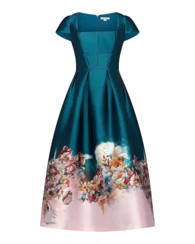 Kay Unger New York Amaya Floral Satin Tea-Length Dress | Thumbnail 1 Kay Unger New York Amaya Floral Satin Tea-Length Dress | Thumbnail 1