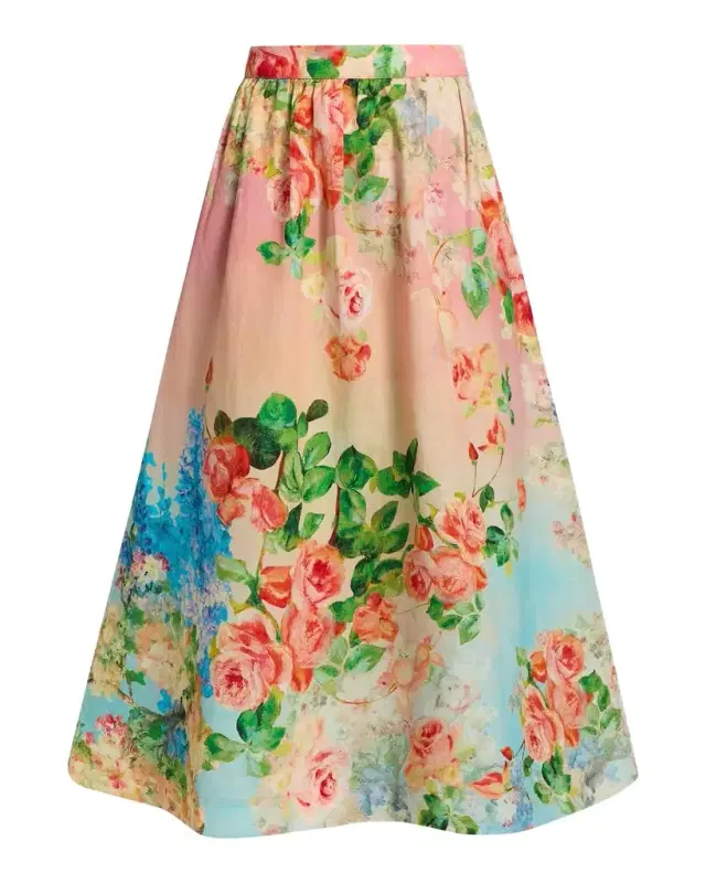 Hemant & Nandita Floral Ombré Cotton-Linen Midi Skirt