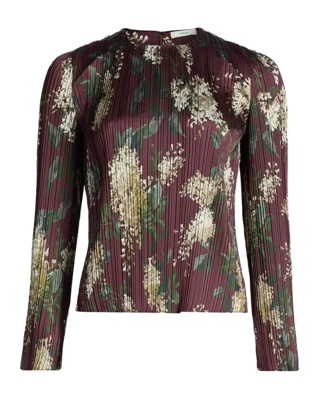Vince Floral Micro-Pleated Crewneck Top