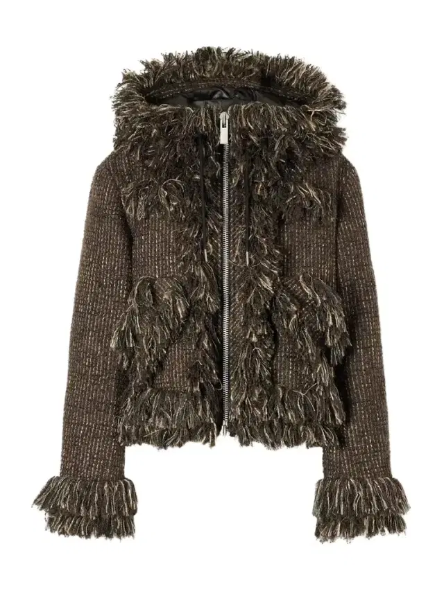 Sacai Wool-blend Frayed Tweed Zip-up Jacket