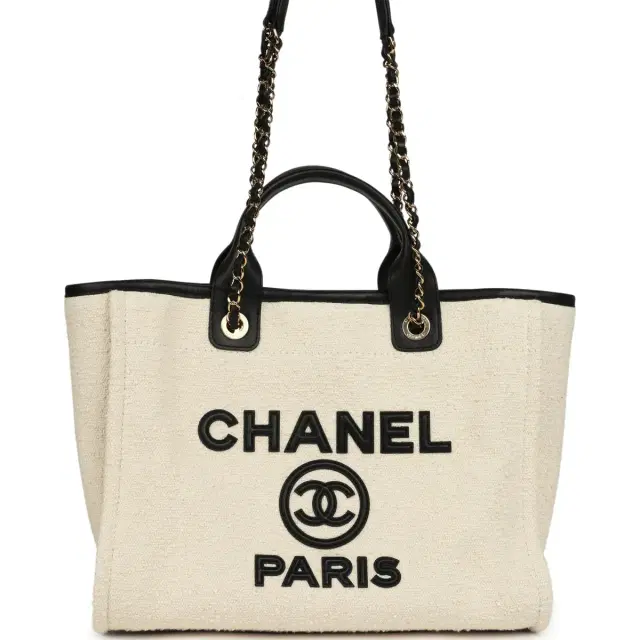Chanel Chanel Small Deauville Shopping Tote Ecru Bouclé Tweed, Black Calfskin Gold Hardware