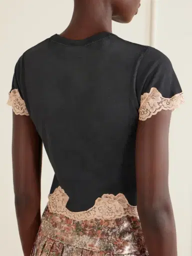Valentino Garavani Cropped Printed Lace-trimmed Cotton-jersey T-shirt | Thumbnail 3 Valentino Garavani Cropped Printed Lace-trimmed Cotton-jersey T-shirt | Thumbnail 3