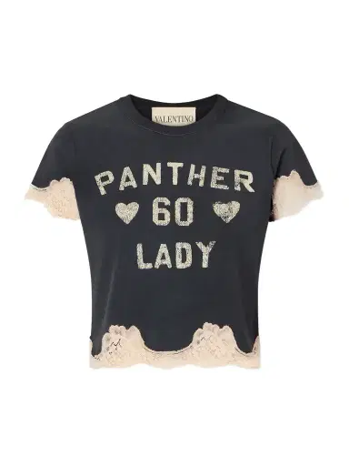 Valentino Garavani Cropped Printed Lace-trimmed Cotton-jersey T-shirt | Thumbnail 1 Valentino Garavani Cropped Printed Lace-trimmed Cotton-jersey T-shirt | Thumbnail 1